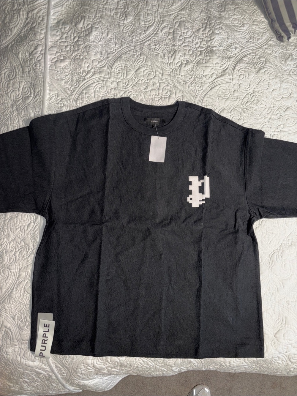 Black Short-Sleeve Graphic Tee with White Pixel Emblem